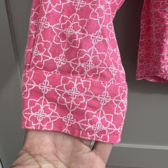 Charter Club Linen Shirt Womens Medium Pink White Floral Button Up Long Sleeve - Picture 4 of 12